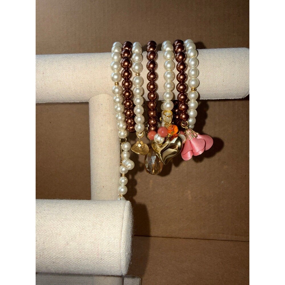 7pc Handmade Mocha Brown & Cream Pearl Stacking Bracelets with Charms - Picture 3 of 5